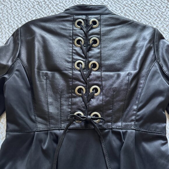 Vintage BEBE Black Leather Moto Jacket with Laceup Back and Peplum Skirt, Small - Picture 5 of 14
